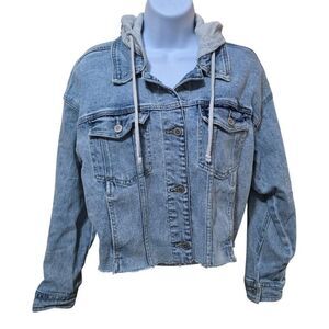 Cropped Oversized Denim Jacket With Gray Hoodie & Frayed Hem Womens Size XXS
